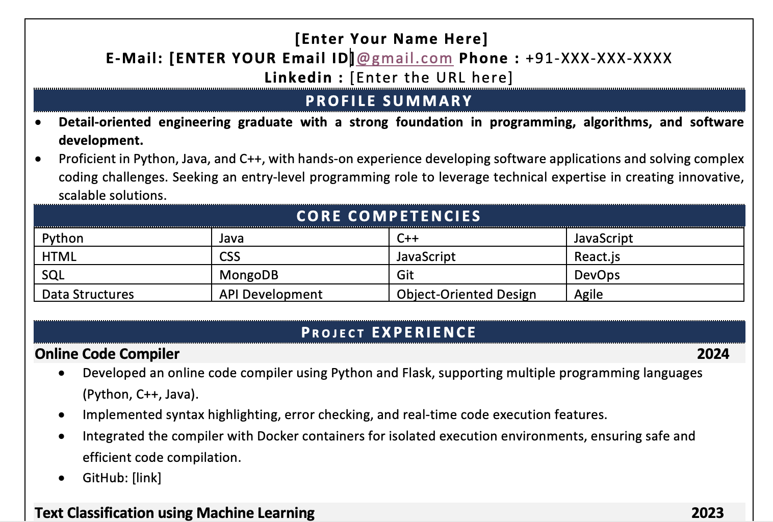 best resume template for b.e and b.tech